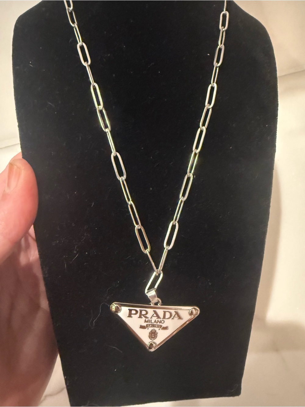 Upcycled Prada White Enamel Triangle Logo Pendant Necklace - Picture 2 of 6